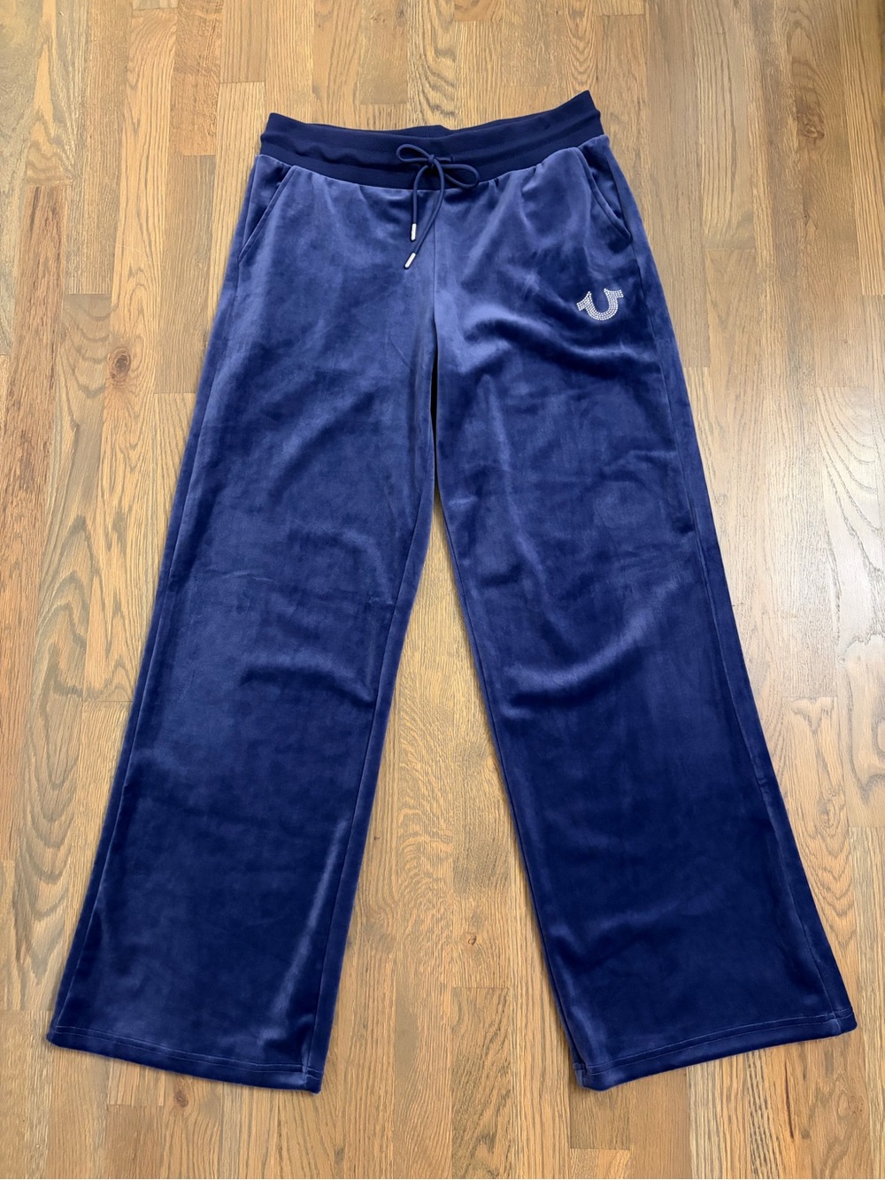 NWT True Religion Blue Velour Rhinestone Track Pants Medium